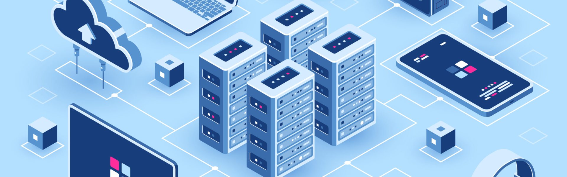Computer technology isometric icon, server room, digital device set, element for design, pc laptop, mobile phone with smartwatch, cloud storage, flat vector illustration